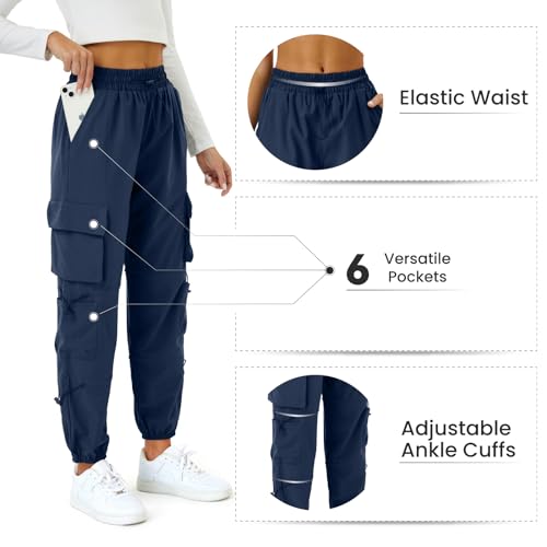 COPYLEAF Womens Parachute Cargo Pants with Pockets Quick Dry Hiking Pants Lightweight Water-Resistant Baggy Joggers(Navy Blue XXL) - Image 5
