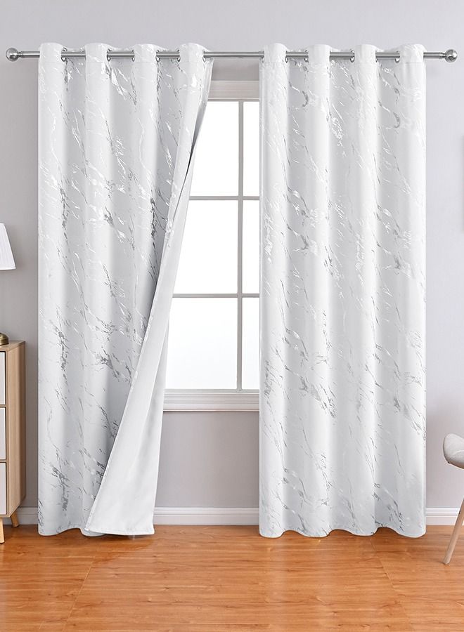 هومستر ستائر نافذة بطبعة رخامية مكونة من قطعتين لتزيين غرفة المعيشة معزولة حراريًا وتحجب الضوء أبيض/فضي 132cm*241cm - Image 1