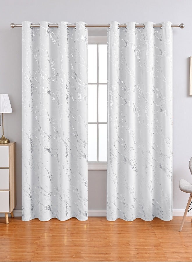 هومستر ستائر نافذة بطبعة رخامية مكونة من قطعتين لتزيين غرفة المعيشة معزولة حراريًا وتحجب الضوء أبيض/فضي 132cm*241cm - Image 3