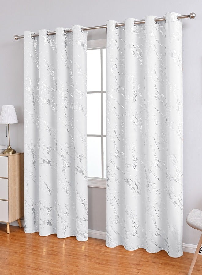 هومستر ستائر نافذة بطبعة رخامية مكونة من قطعتين لتزيين غرفة المعيشة معزولة حراريًا وتحجب الضوء أبيض/فضي 132cm*241cm - Image 4