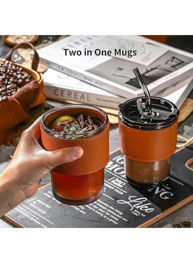 جورجيس كوب زجاجي مع شفاطة وغطاء من السيليكون سعة 435 مل، كوب زجاجي مع غلاف جلدي، أكواب قهوة زجاجية للاستخدام المزدوج مع شفاطة وشرب مباشر من الفم، زجاجة أساسية للسفر في الصيف - Image 2