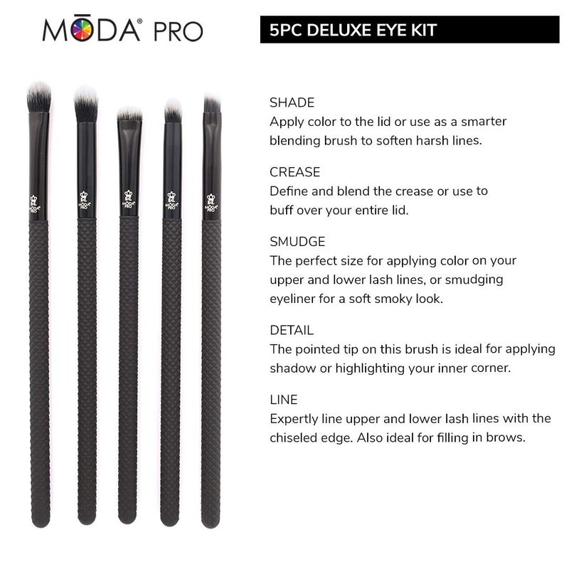 MODA Pro 5pc Deluxe Eye Makeup Brush Kit, Includes - Shader, Crease, Detail, Smudger, and Liner Brushes (Black) - Image 5