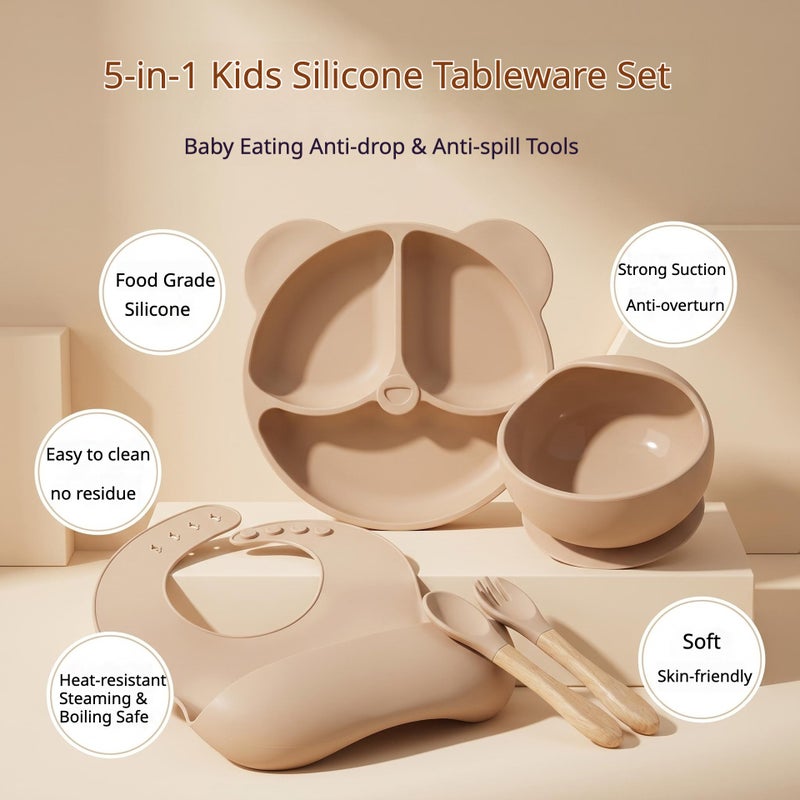 5-Pieces Silicone Baby Feeding Set, Baby Led Weaning Supplies with Suction Bowl and Divided Plate, Wooden Spoon and Fork, Toddler Tableware Set with Adjustable Soft Silicone Bib - Image 5
