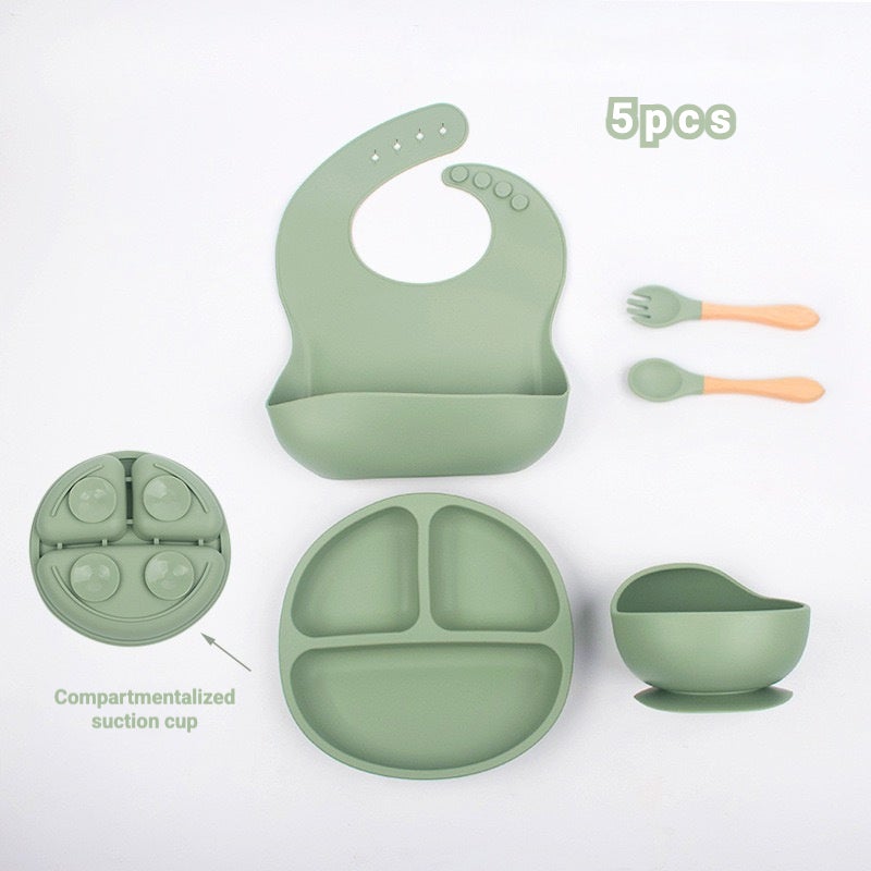 5-Pieces Silicone Baby Feeding Set, Baby Led Weaning Supplies with Suction Bowl and Divided Plate, Wooden Spoon and Fork, Toddler Tableware Set with Adjustable Soft Silicone Bib - Image 1