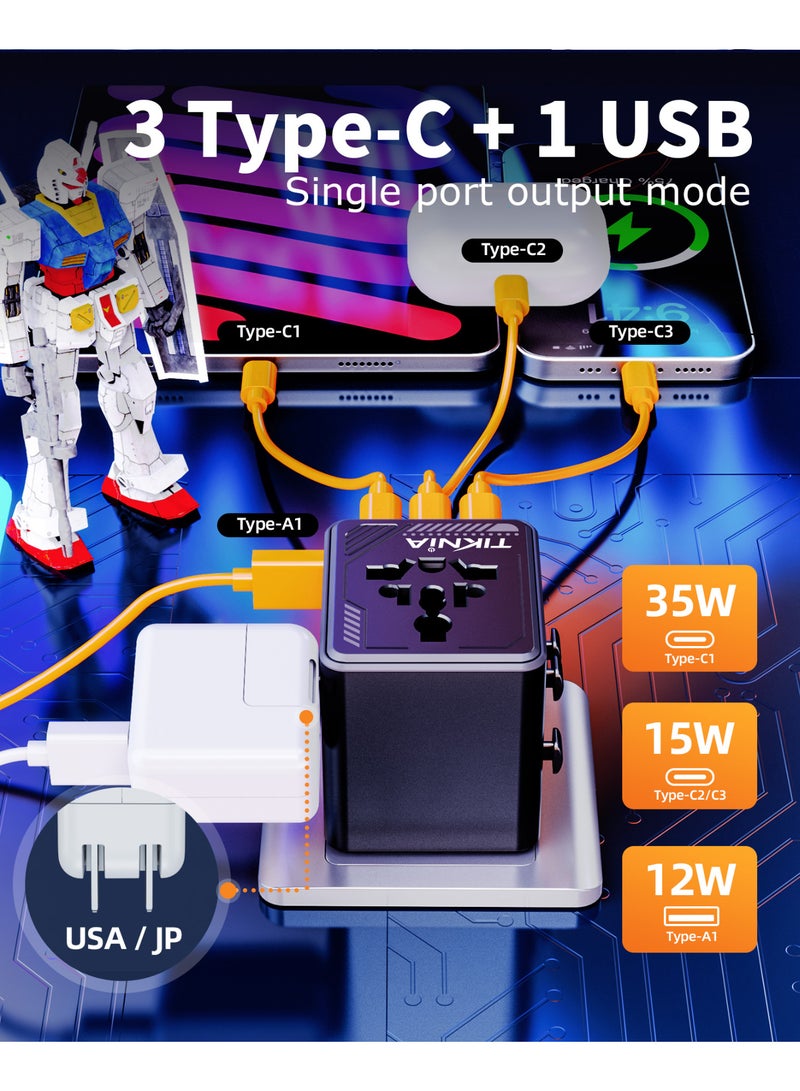 TIKNIA Universal Travel Adapter, European Travel Plug Adapter, International Power Adapter PD Fast Charging, Worldwide Wall Charger with USB-A & 3 USB-C Ports, Dual AC Power Adaptor for USA EU UK AUS - Image 2