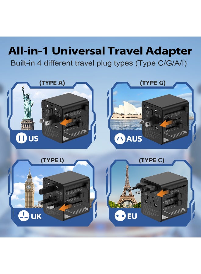 TIKNIA Universal Travel Adapter, European Travel Plug Adapter, International Power Adapter PD Fast Charging, Worldwide Wall Charger with USB-A & 3 USB-C Ports, Dual AC Power Adaptor for USA EU UK AUS - Image 3
