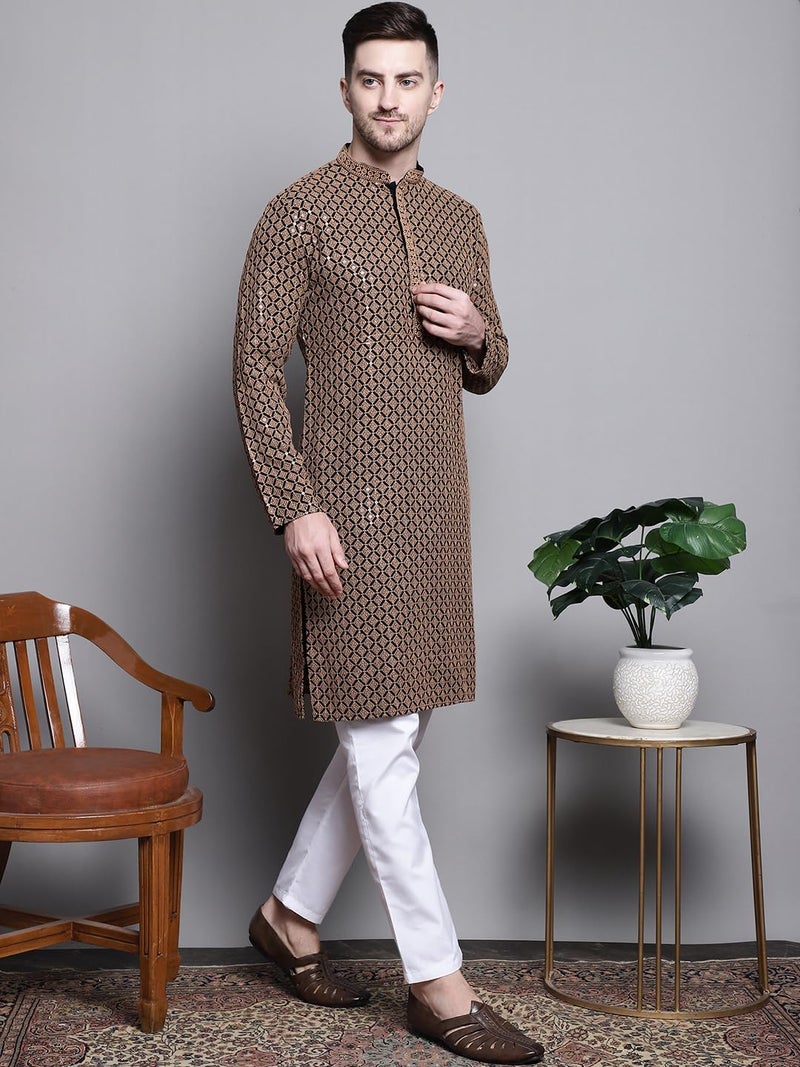 Jompers Mens Sequin Embroidered Pure Cotton Kurtas (Brown, S) - Image 4