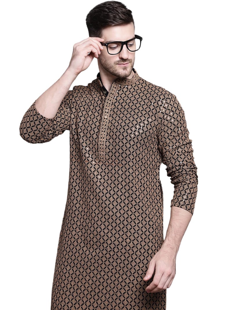 Jompers Mens Sequin Embroidered Pure Cotton Kurtas (Brown, S) - Image 1
