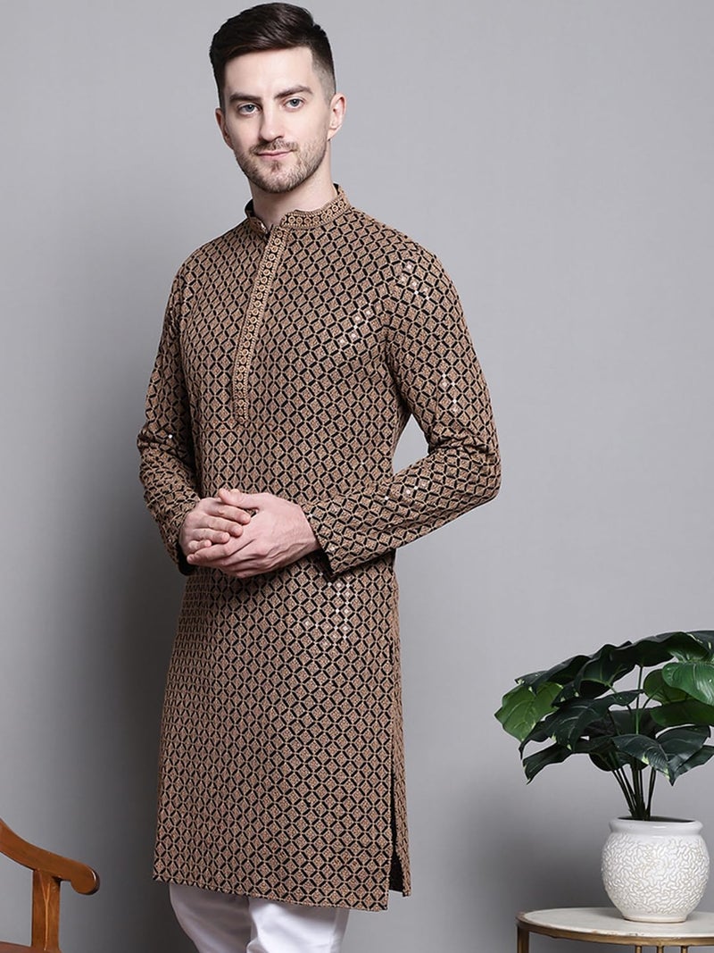 Jompers Mens Sequin Embroidered Pure Cotton Kurtas (Brown, S) - Image 3