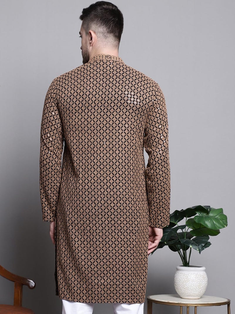 Jompers Mens Sequin Embroidered Pure Cotton Kurtas (Brown, S) - Image 2
