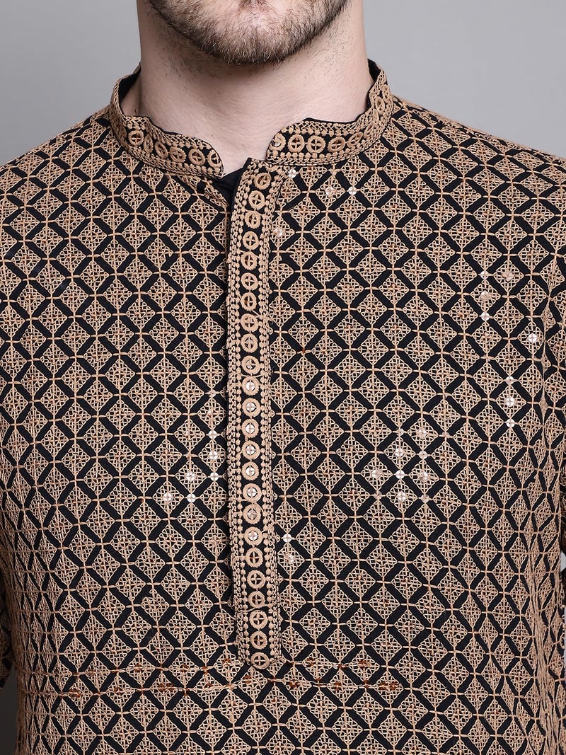 Jompers Mens Sequin Embroidered Pure Cotton Kurtas (Brown, S) - Image 5