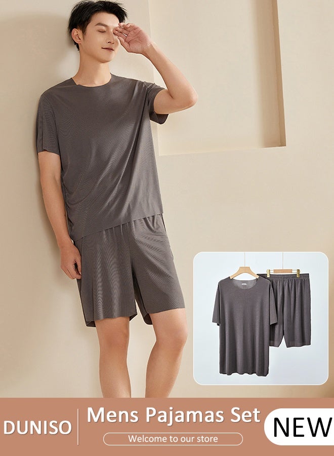 DUNISO Men's Pajamas Set Short Sleeve Summer Relaxed Pajamas Round Neck High Elastic Breathable Thin Pajamas Set - Image 1