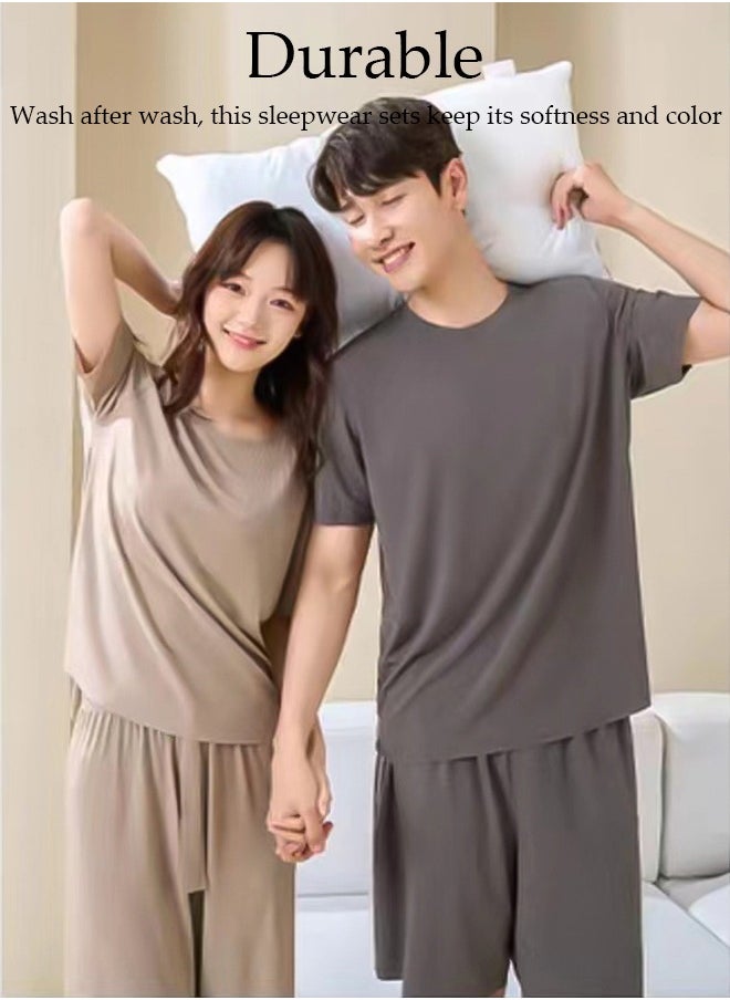 Men's Pajamas Set Short Sleeve Summer Relaxed Pajamas Round Neck High Elastic Breathable Thin Pajamas Set