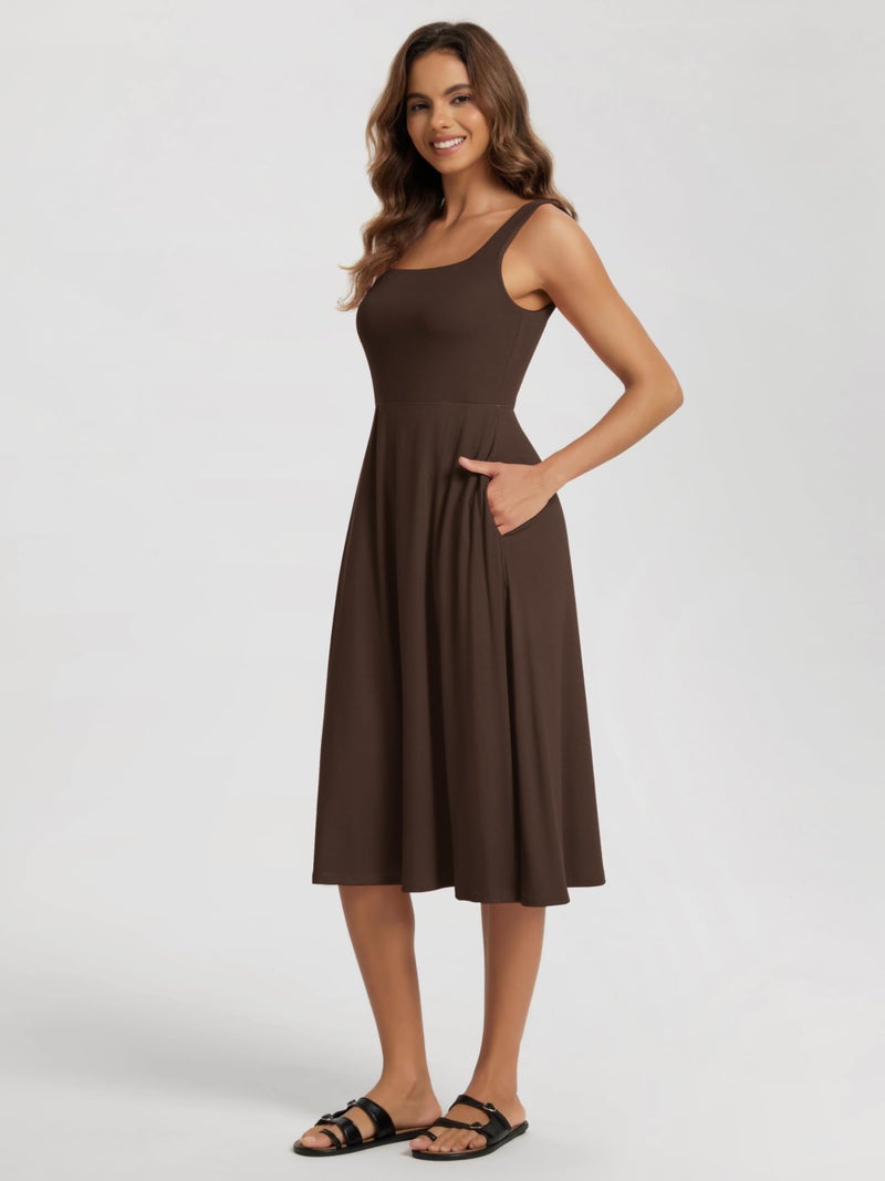 ODODOS Square Neck Midi Dress with Pockets for Women Summer Casual Sleeveless Sundress Flare Tank Dress, Dark Brown, Large - Image 3