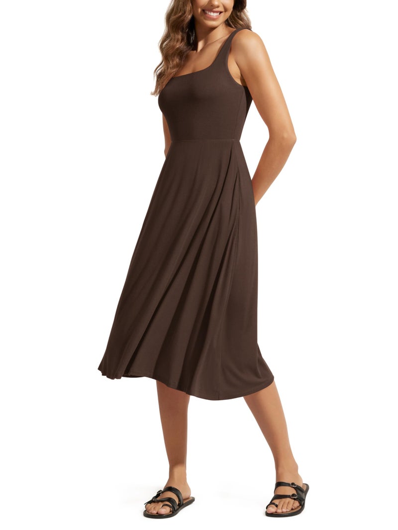 ODODOS Square Neck Midi Dress with Pockets for Women Summer Casual Sleeveless Sundress Flare Tank Dress, Dark Brown, Large - Image 1