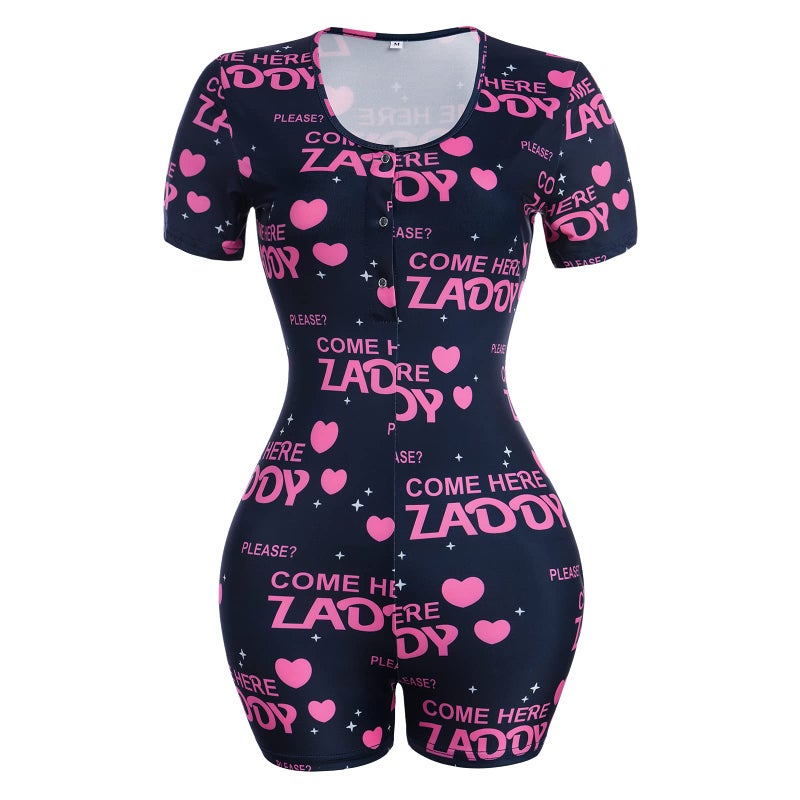 ABAFIP Women's Button V Neck Short Sleeve One Piece Shorts Romper Pajama Bodysuit Cute Print Bodycon Overall Jumpsuit Pjs Royal Blue Small - Image 3