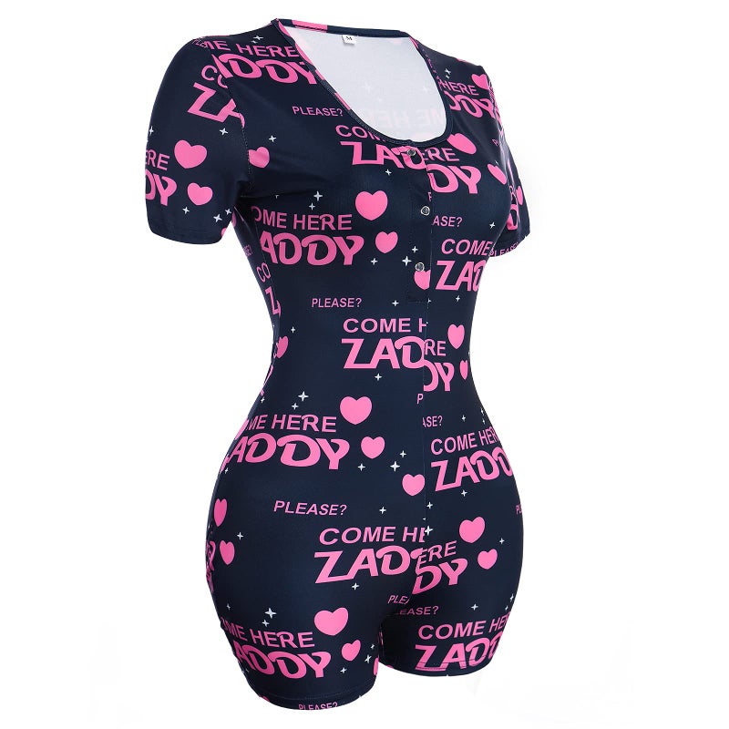 ABAFIP Women's Button V Neck Short Sleeve One Piece Shorts Romper Pajama Bodysuit Cute Print Bodycon Overall Jumpsuit Pjs Royal Blue Small - Image 5