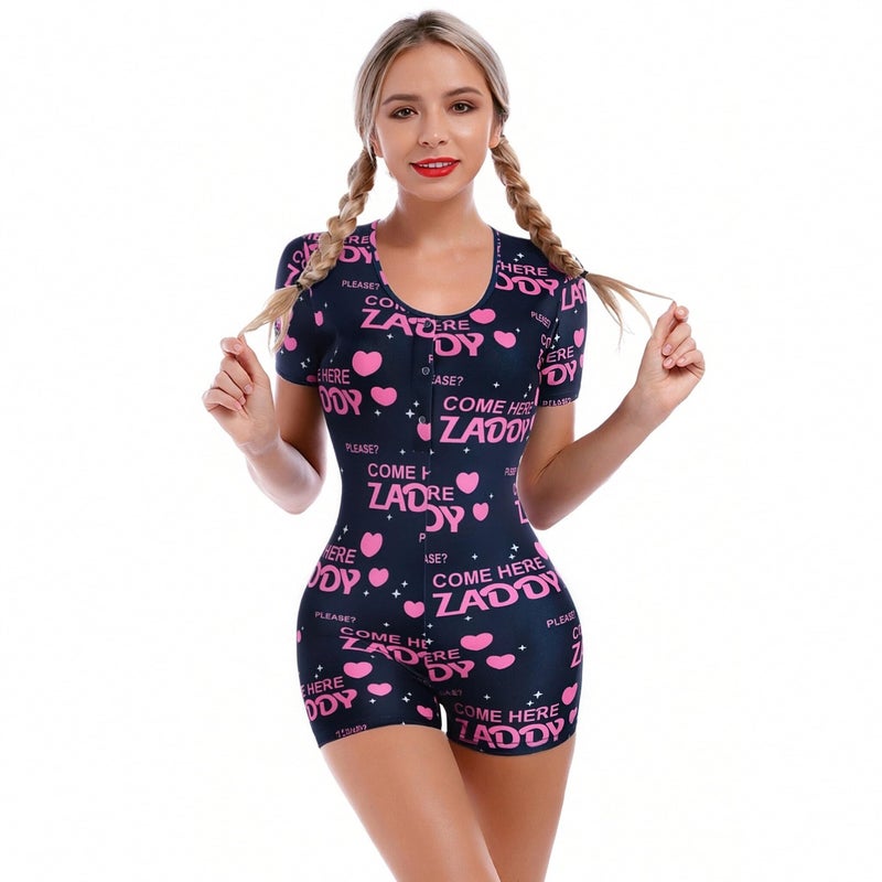 ABAFIP Women's Button V Neck Short Sleeve One Piece Shorts Romper Pajama Bodysuit Cute Print Bodycon Overall Jumpsuit Pjs Royal Blue Small - Image 1