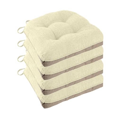 FlyGulls Non Slip Chair Cushions for Dining Chairs Set of 4 Kitchen Chair Cushions 18x18x3 Turfted Chair Pads Comfortable and Soft Seat Cushion with Ties Beige - Image 1