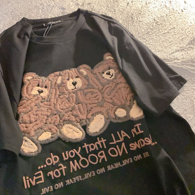 Pure Cotton Wholesale American Style Retro Short Sleeve T-Shirt Womens Summer Loose Antique Bear Print Student Casual Top Women Black 