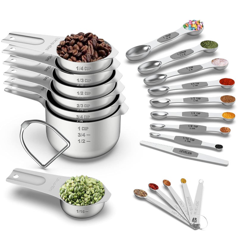 Measuring Cups and Magnetic Measuring Spoons Set Wildone Stainless Steel 7 Measuring Cups 8 Double Sided Stackable Magnetic Measuring Spoons 1 Leveler  5 Mini Spoons  21 Piece
