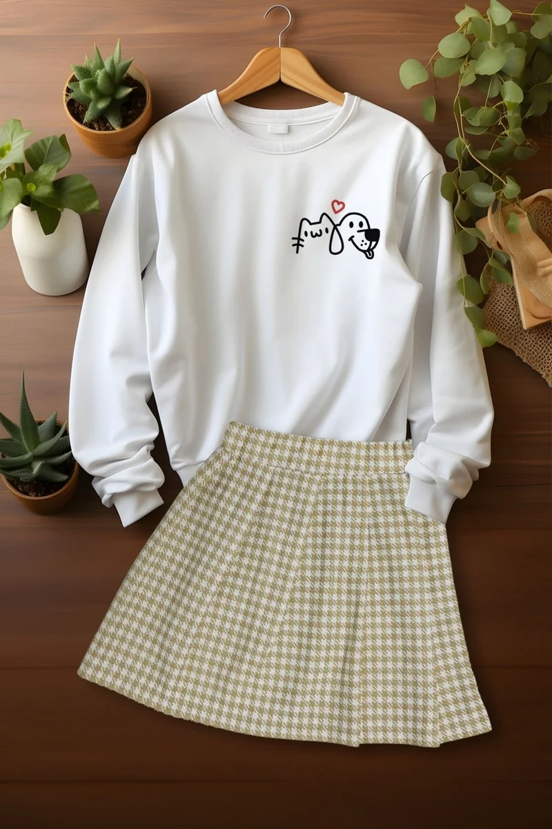 Ada Bebek Çocuk Ada Baby Child Style Plaid Skirt Cute Friends Sweat Skirt Top and Bottom Set