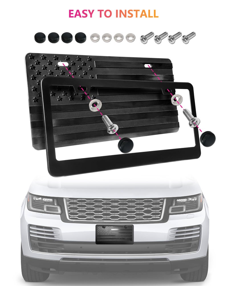 ZXFOOG American Flag License Plate for Front Bumper, Black ABS Plastic Car Tag Plate with 3D Embossed USA Flag Pattern, with Aluminum Frame, Screws, Patriotic Decals - Image 5