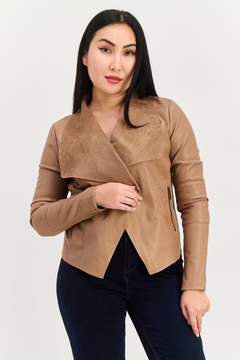 Bagatelle Women Plain Motorcycle Jacket, Camel - Image 1