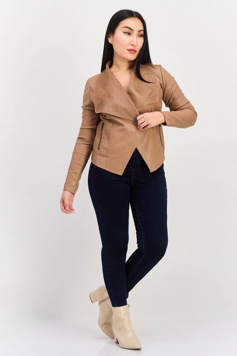 Bagatelle Women Plain Motorcycle Jacket, Camel - Image 3
