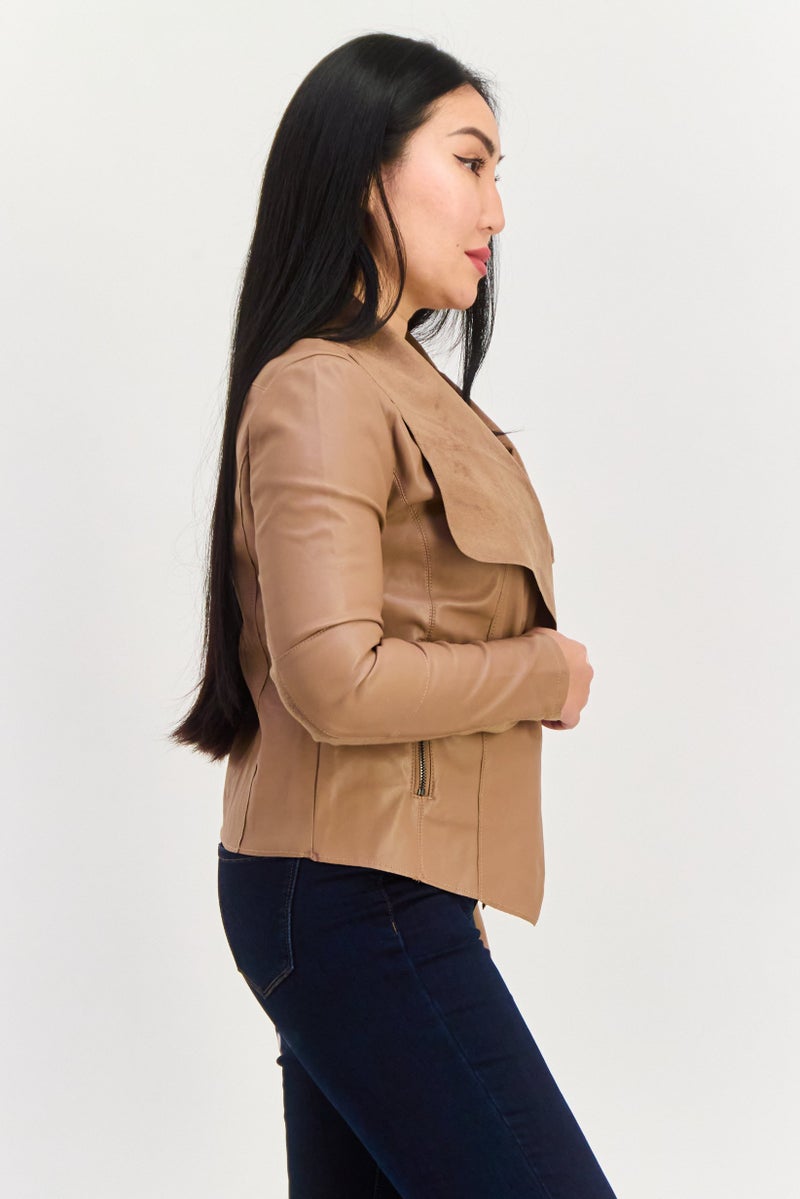 Bagatelle Women Plain Motorcycle Jacket, Camel - Image 2