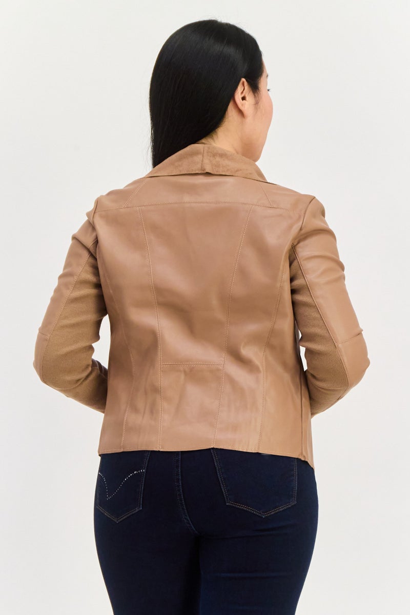 Bagatelle Women Plain Motorcycle Jacket, Camel - Image 4