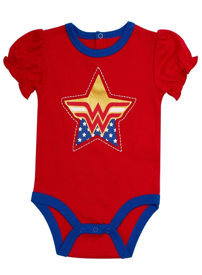 Wonder Woman Baby Girls 4 Piece Set - Short Sleeves T-Shirt with Applique Patch, Legging Pants with Tutu Skirt, Embroidered Onepiece Bodysuit, Drawstring Shorts (Red/Blue/Grey, 9 Months) - Image 4