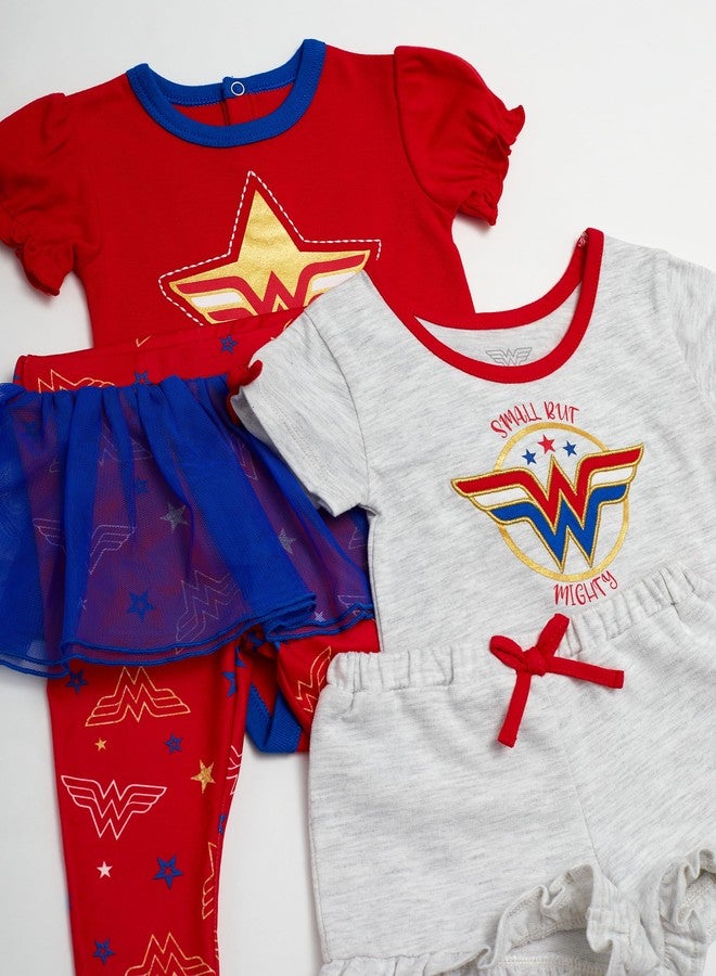 Wonder Woman Baby Girls 4 Piece Set - Short Sleeves T-Shirt with Applique Patch, Legging Pants with Tutu Skirt, Embroidered Onepiece Bodysuit, Drawstring Shorts (Red/Blue/Grey, 9 Months) - Image 2
