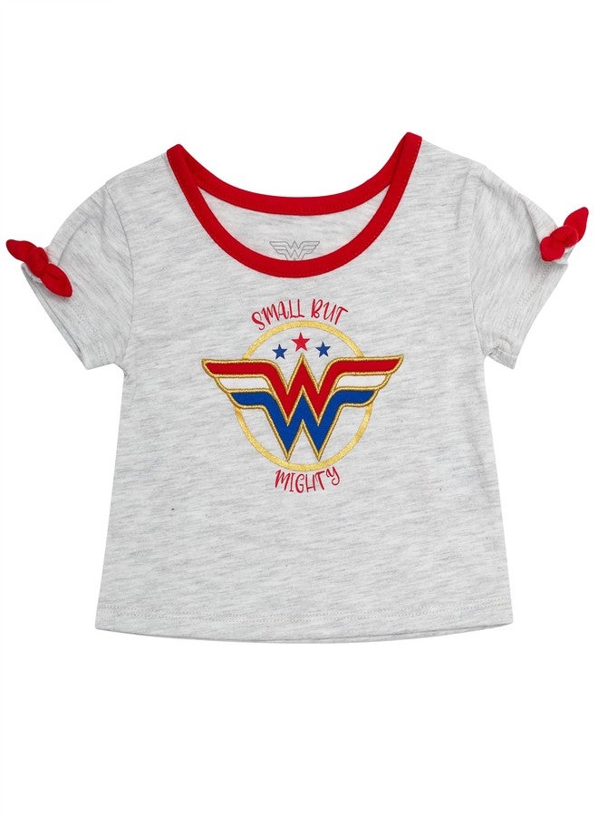 Wonder Woman Baby Girls 4 Piece Set - Short Sleeves T-Shirt with Applique Patch, Legging Pants with Tutu Skirt, Embroidered Onepiece Bodysuit, Drawstring Shorts (Red/Blue/Grey, 9 Months) - Image 3