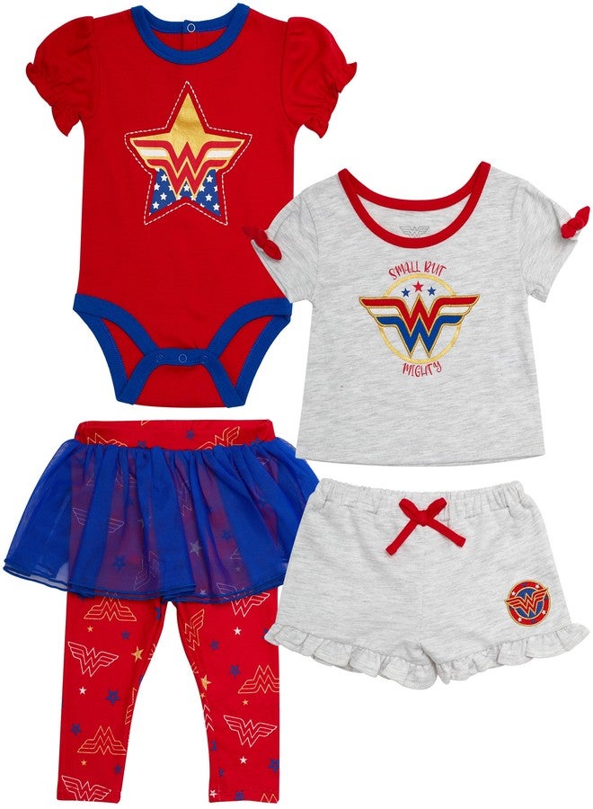 Wonder Woman Baby Girls 4 Piece Set - Short Sleeves T-Shirt with Applique Patch, Legging Pants with Tutu Skirt, Embroidered Onepiece Bodysuit, Drawstring Shorts (Red/Blue/Grey, 9 Months) - Image 1