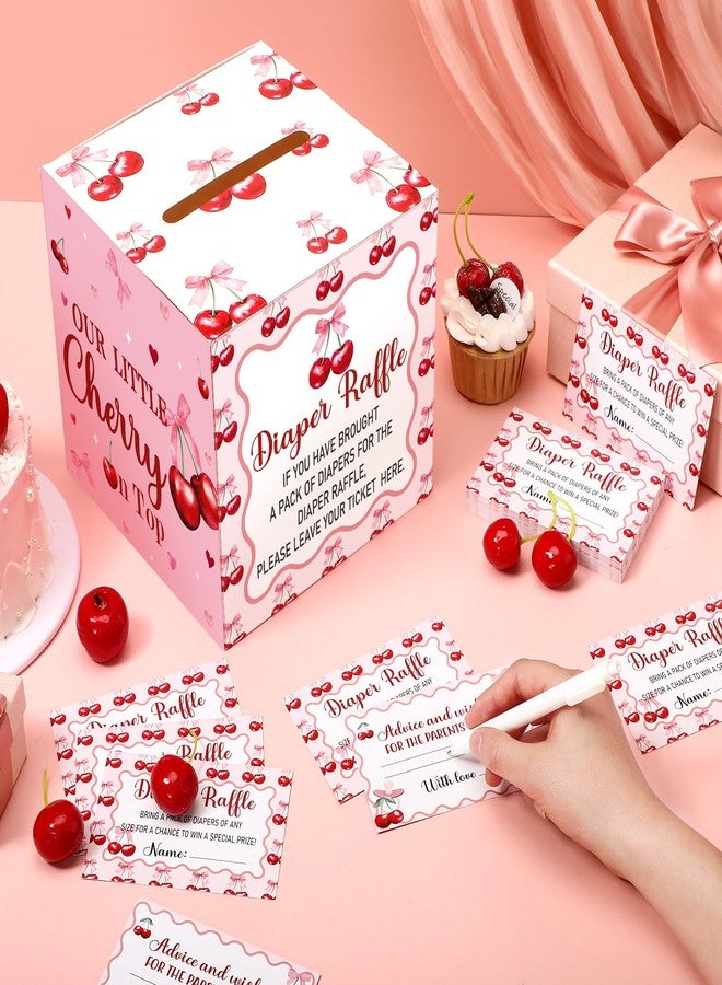 تيلينغ عرض 51 تذكرة سحب على حفاضات مع صندوق بطاقات، زينة لحفل استقبال المولود الجديد، صندوق حامل لحفل استقبال المولود الجديد لحفل سحب على حفاضات للبنات والأولاد (إنها الكرزة على القمة) - Image 3
