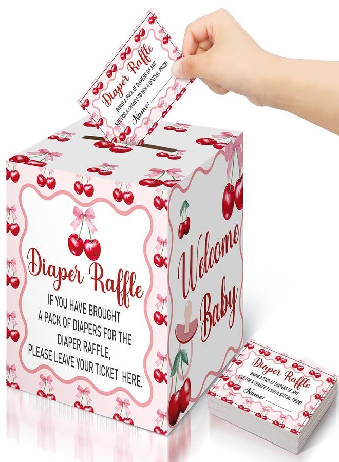 تيلينغ عرض 51 تذكرة سحب على حفاضات مع صندوق بطاقات، زينة لحفل استقبال المولود الجديد، صندوق حامل لحفل استقبال المولود الجديد لحفل سحب على حفاضات للبنات والأولاد (إنها الكرزة على القمة) - Image 1