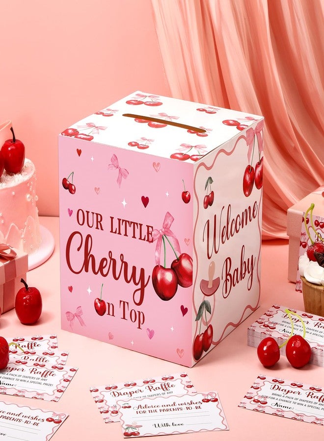 تيلينغ عرض 51 تذكرة سحب على حفاضات مع صندوق بطاقات، زينة لحفل استقبال المولود الجديد، صندوق حامل لحفل استقبال المولود الجديد لحفل سحب على حفاضات للبنات والأولاد (إنها الكرزة على القمة) - Image 2