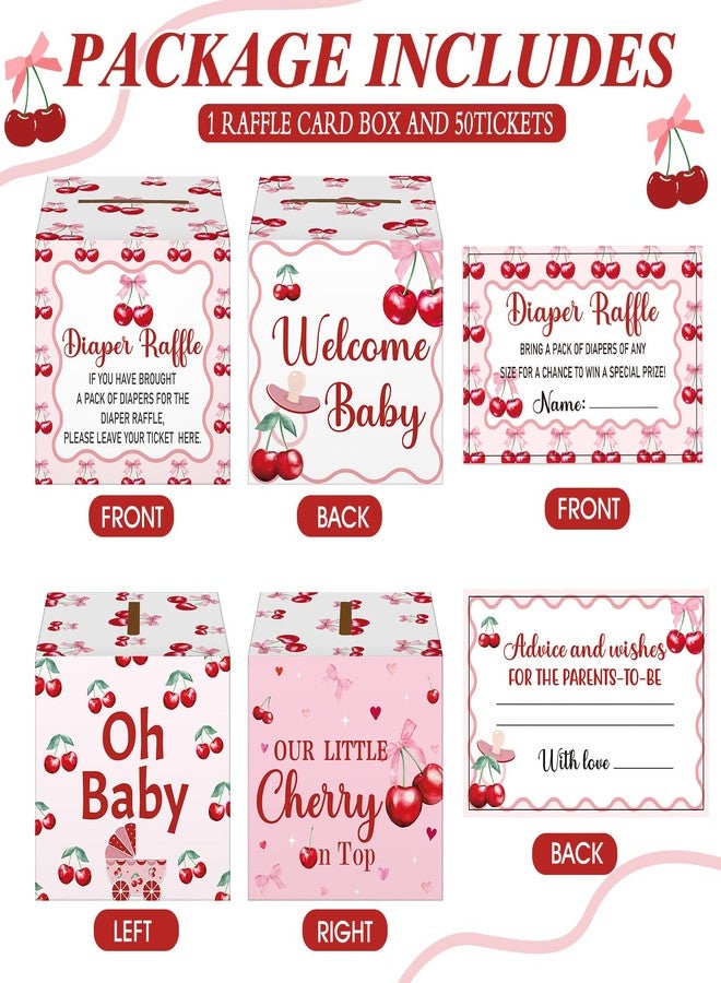 تيلينغ عرض 51 تذكرة سحب على حفاضات مع صندوق بطاقات، زينة لحفل استقبال المولود الجديد، صندوق حامل لحفل استقبال المولود الجديد لحفل سحب على حفاضات للبنات والأولاد (إنها الكرزة على القمة) - Image 4