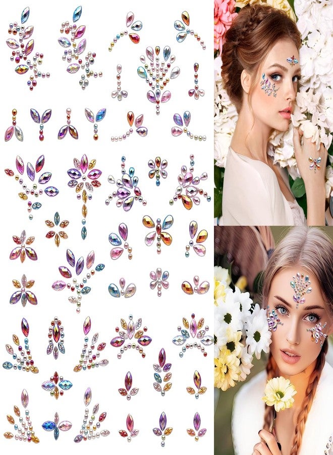 6 Sheets Face Gems Stickers Women Diamond Forehead Sticker Colorful Rhinestones Pearl Flowers Butterfly Decoration Birthday Festival Party Self-Adhesive Body DIY Art Decals (Multicolored) - Image 1