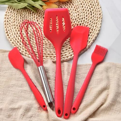 DecorTwist® Silicone Spatula Set 5-Piece | Heat Resistant, Non-Stick Cookware Safe Cooking and Baking Turner Spatulas for Cooking, Baking, Mixing Flexible, BPA-Free, Food Grade Kitchen Utensils (Red) - Image 1