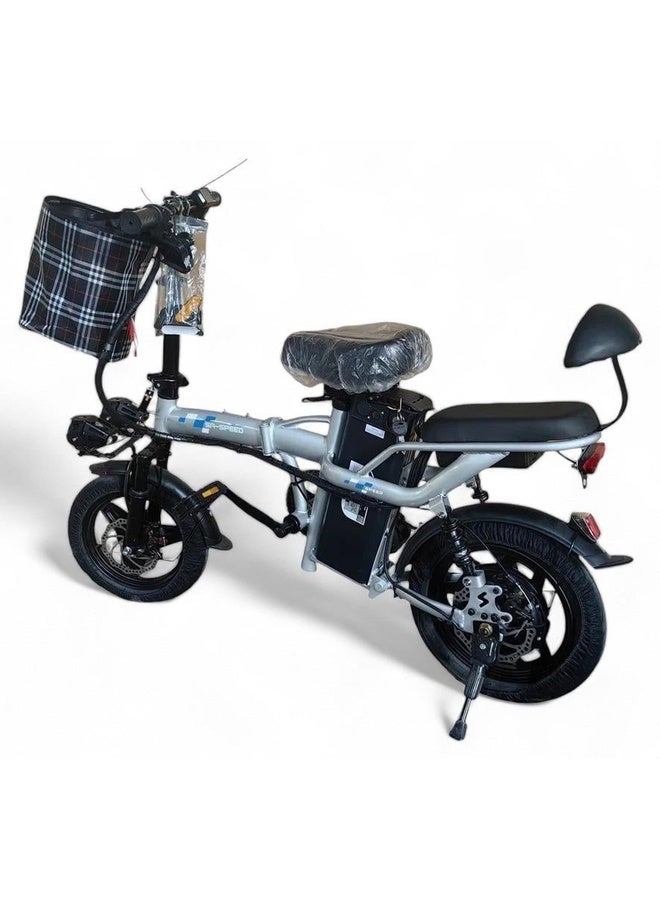 48V folding electric bike with removable battery, 14-inch size, silver