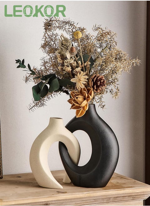 Hollow Ceramic Vase Set of 2 for Modern Home Decor, Black and White Donut Vases Nordic Minimalist Decorative Vase for Table Centerpiece Wedding Dining Living Room Office House Decoration