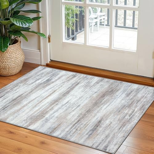 KOZYFLY Modern Abstract Small Area Rugs 2x3, Washable Kitchen Rug Non-Slip Soft Small Bathroom Rug, Beige Striped Entryway Rugs Abstract Print Faux Wool Doormat for Bedside Entrance Bedroom Sink - Image 1