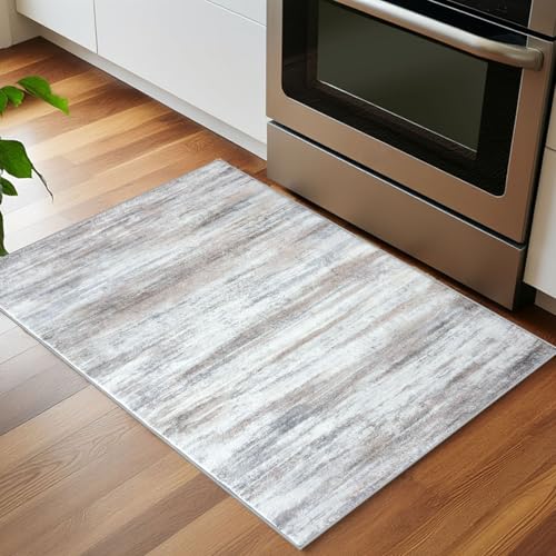 KOZYFLY Modern Abstract Small Area Rugs 2x3, Washable Kitchen Rug Non-Slip Soft Small Bathroom Rug, Beige Striped Entryway Rugs Abstract Print Faux Wool Doormat for Bedside Entrance Bedroom Sink - Image 3