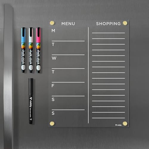 Visibly Magnetic Acrylic Menu & Shopping List for Fridge, Includes 4 Magnetic Wet-Erase Markers for Refrigerator, 9" X 12" | Silver Hardware - Image 1