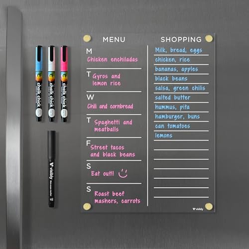Visibly Magnetic Acrylic Menu & Shopping List for Fridge, Includes 4 Magnetic Wet-Erase Markers for Refrigerator, 9" X 12" | Silver Hardware - Image 2