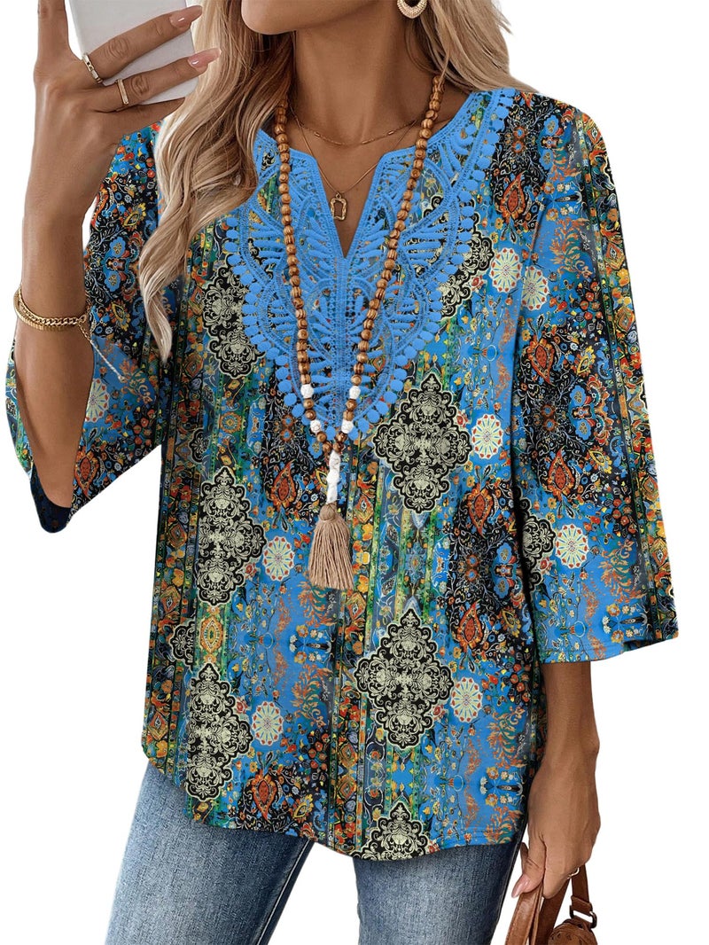 WIHOLL Womens Tops Plus Size Clothes for Women Summer Tops Blouses for Women Dressy Casual Western Outfit V Neck T Shirts Fall Fashion 2025 Lace Maternity Clothes Vintage Boho 2XL - Image 1