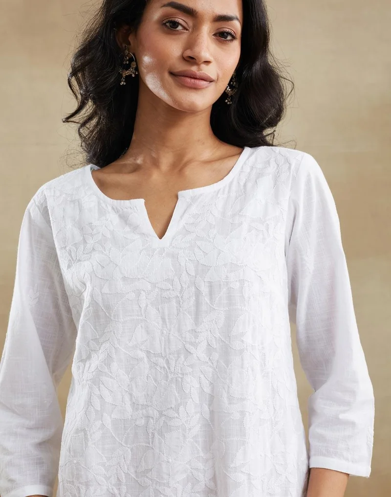 Fabindia  White Cotton Chikankari Long Kurta for Women | Best Price UAE