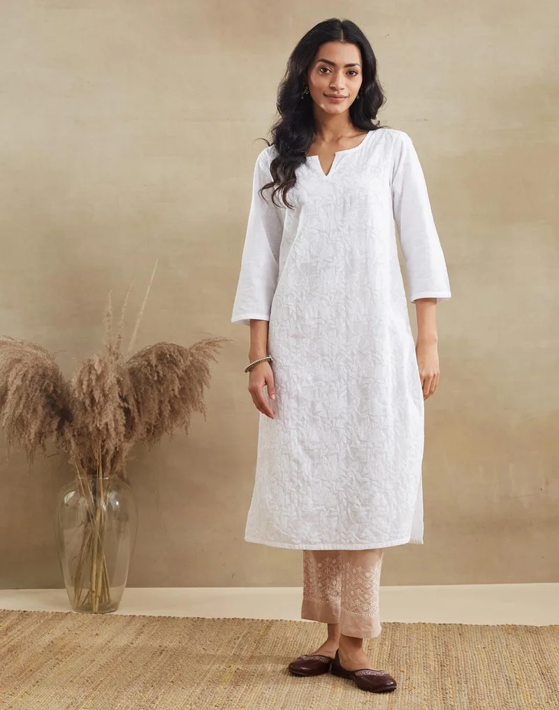 فاب انديا White Cotton Chikankari Long Kurta